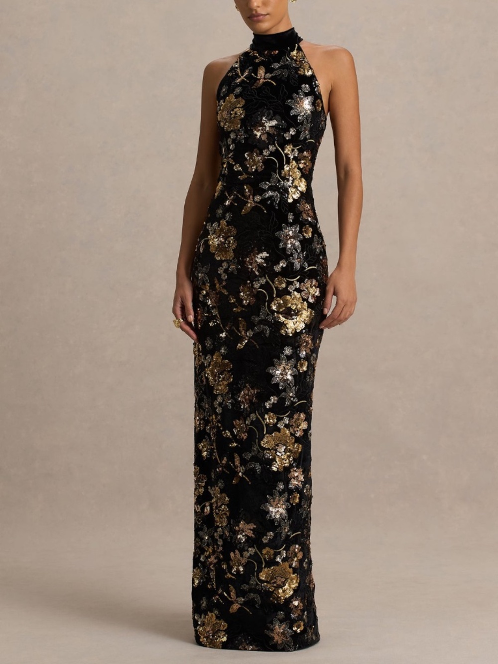 TATE Black Velvet Halter-Neck Maxi Dress With Bronze Floral Sequin Embellishment
